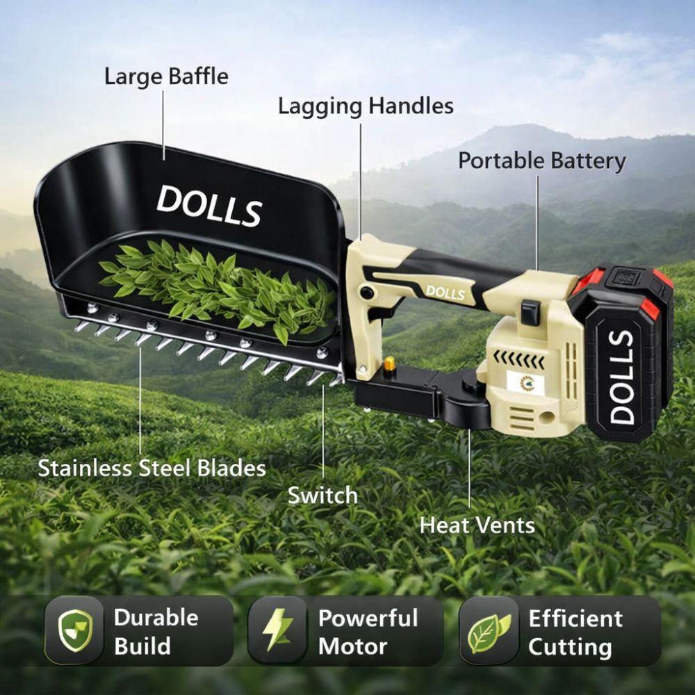 Tea Harvester features including portable battery, handles, steel blades and efficient cutting